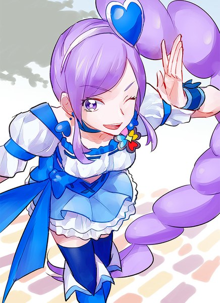 Anime picture 650x894 with precure fresh precure! toei animation aono miki cure berry kurochiroko single tall image open mouth purple eyes purple hair very long hair one eye closed from above wink zettai ryouiki side ponytail magical girl girl thighhighs