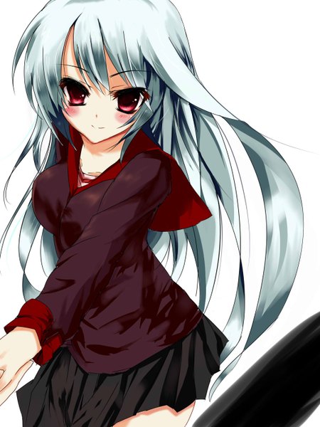 Anime picture 1050x1400 with original kown (artist) single long hair tall image looking at viewer blush simple background smile red eyes white background silver hair girl skirt clothes