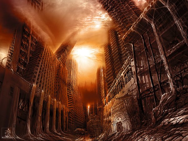Anime picture 1200x900 with alexiuss sky city ruins destruction post-apocalyptic building (buildings)