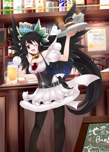 Anime picture 1300x1818 with touhou reiuji utsuho makino (ukiuo) single long hair tall image blush highres open mouth black hair red eyes one eye closed wink girl skirt miniskirt wings food alcohol beer