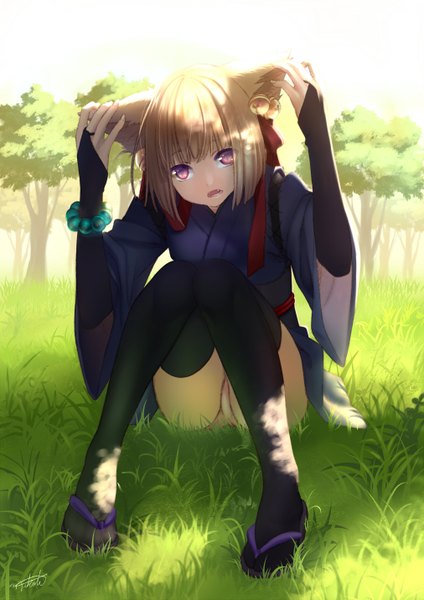 Anime picture 1012x1432 with original nana mikoto single tall image looking at viewer short hair open mouth light erotic blonde hair purple eyes animal ears full body pantyshot pantyshot sitting girl thighhighs underwear panties black thighhighs plant (plants)