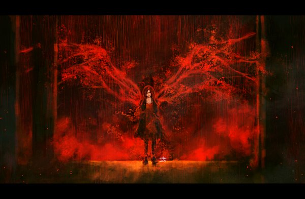 Anime picture 1450x950 with nanfe single long hair looking at viewer red eyes standing signed red hair lips letterboxed rain fog girl plant (plants) wings tree (trees)