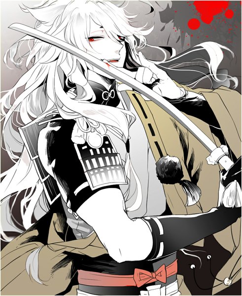 Anime picture 900x1100 with touken ranbu nitroplus kogitsunemaru noppo single long hair tall image fringe open mouth looking away white hair traditional clothes japanese clothes light smile grey background white skin bloody weapon boy weapon sword