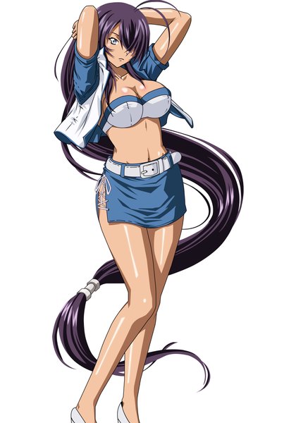 Anime picture 7000x10000 with ikkitousen kanu unchou single tall image looking at viewer fringe highres breasts blue eyes light erotic simple background white background absurdres purple hair very long hair hair over one eye incredibly absurdres girl skirt navel