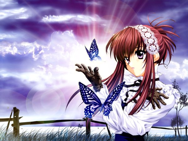 Anime picture 1600x1200 with sister princess zexcs chikage (sister princess) tenhiro naoto single fringe short hair hair between eyes purple eyes payot looking away sky cloud (clouds) upper body outdoors red hair parted lips arm up sunlight wallpaper