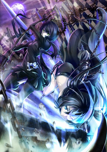 Anime picture 2480x3508 with black rock shooter black rock shooter (character) dead master nisson tall image highres blue eyes black hair twintails multiple girls green eyes cloud (clouds) very long hair night night sky scar battle girl dress gloves