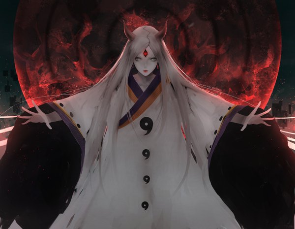 Anime picture 3927x3046 with naruto studio pierrot naruto (series) ootsutsuki kaguya aoi ogata single long hair looking at viewer highres short hair absurdres traditional clothes lips wide sleeves grey eyes spread arms white skin red moon girl earrings