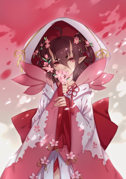 Anime picture 1240x1753 with onmyoji momo (onmyoji) tao hua yao fy fei xiao ya single long hair tall image looking at viewer fringe hair between eyes brown hair ahoge long sleeves traditional clothes parted lips japanese clothes pink eyes arm up horn (horns) light smile