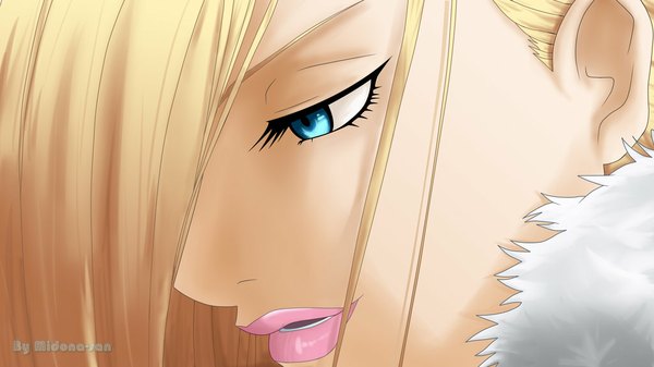 Anime picture 1024x576 with fullmetal alchemist brotherhood olivier mira armstrong midona-san single long hair open mouth blue eyes blonde hair wide image lips close-up face girl fur