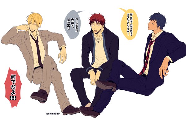 Anime picture 1200x809 with kuroko no basket production i.g kise ryouta aomine daiki kagami taiga mashima shima short hair open mouth blonde hair simple background white background sitting signed blue hair looking away full body red hair profile multiple boys crossed legs