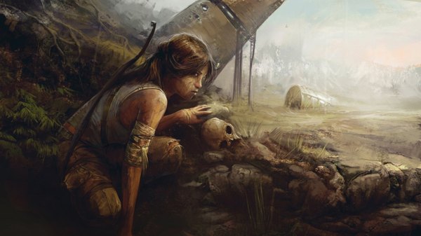Anime picture 5332x3000 with tomb raider lara croft looking at viewer highres brown hair wide image bare shoulders brown eyes absurdres sky ponytail looking back realistic torn clothes turning head squat skull and crossbones girl animal bird (birds)