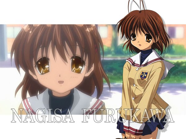 Anime picture 1024x768 with clannad key (studio) furukawa nagisa looking at viewer short hair open mouth brown hair brown eyes ahoge character names multiview girl