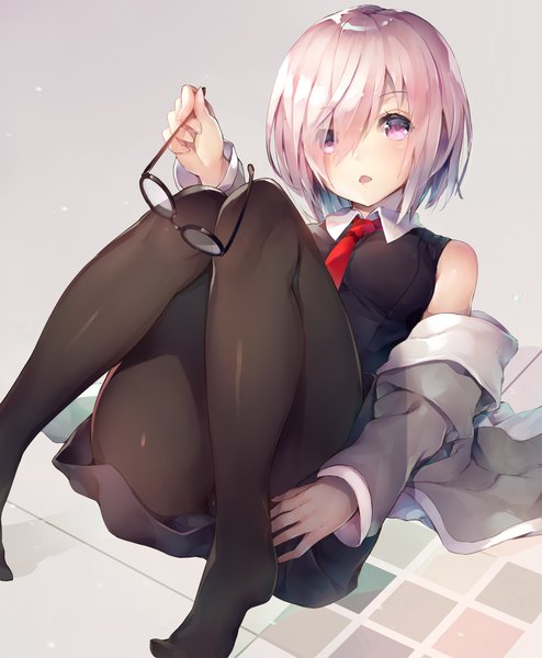 Anime picture 1030x1250 with fate (series) fate/grand order mash kyrielight deecha single tall image looking at viewer fringe short hair open mouth light erotic simple background purple eyes pink hair bent knee (knees) hair over one eye grey background open jacket no shoes shiny clothes