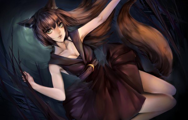 Anime picture 2400x1535 with zorafi single long hair highres brown hair animal ears yellow eyes tail animal tail lips armpit (armpits) dutch angle girl dress plant (plants) tree (trees) black dress