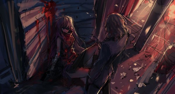 Anime picture 1200x647 with mirai nikki uryuu minene blueman long hair short hair wide image pink hair torn clothes girl boy gun blood bandage (bandages) eyepatch