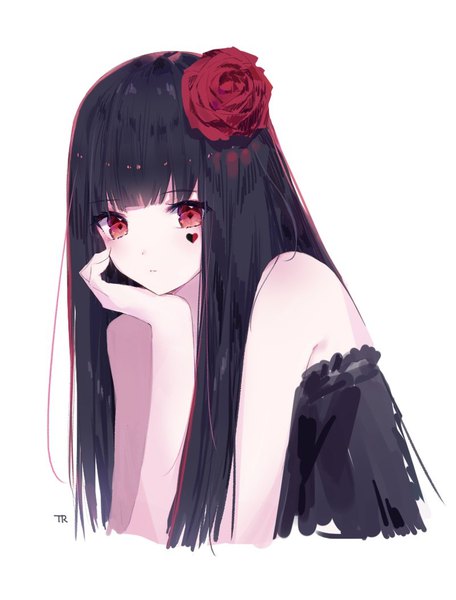 Anime picture 800x1051 with original tr (hareru) single long hair tall image looking at viewer fringe black hair simple background red eyes white background signed upper body blunt bangs hair flower twitter username facial mark chin rest girl dress