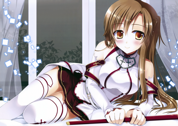 Anime picture 3840x2717 with sword art online a-1 pictures yuuki asuna sousouman single long hair blush highres brown hair bare shoulders brown eyes absurdres light smile girl thighhighs skirt weapon detached sleeves miniskirt white thighhighs