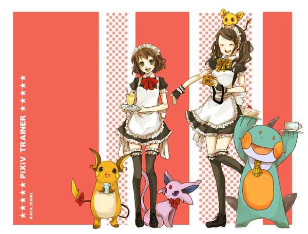 Anime picture 1000x761 with pokemon original nintendo pixiv espeon raichu shinx marshtomp pixiv trainer buzz short hair open mouth brown hair twintails multiple girls green eyes eyes closed border waitress gen 1 pokemon