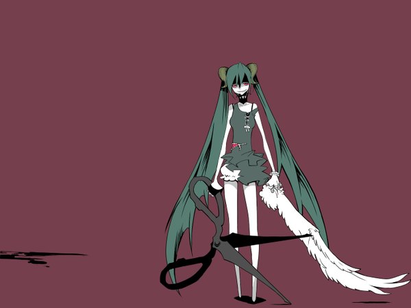 Anime picture 1400x1050 with vocaloid hatsune miku yamada maya (artist) single long hair simple background smile red eyes twintails bare shoulders very long hair barefoot horn (horns) green hair grin demon evil grin girl dress wings
