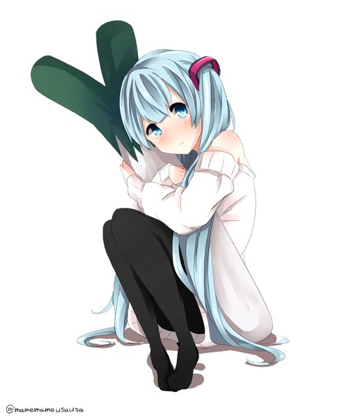 Anime picture 980x1200 with vocaloid hatsune miku single tall image looking at viewer blush white background twintails very long hair aqua eyes aqua hair tears girl pantyhose sweater vegetables leek