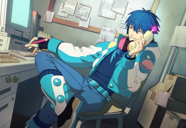 Anime picture 2048x1412 with dramatical murder nitro+chiral aoba (dmmd) honya lala single long hair highres sitting yellow eyes blue hair boots headphones phone pen