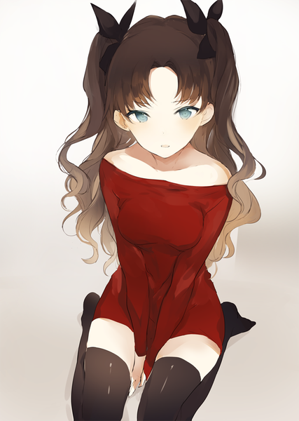 Anime picture 670x942 with fate (series) toosaka rin lpip single long hair tall image looking at viewer blush fringe breasts blue eyes simple background brown hair sitting bare shoulders full body long sleeves off shoulder two side up no shoes