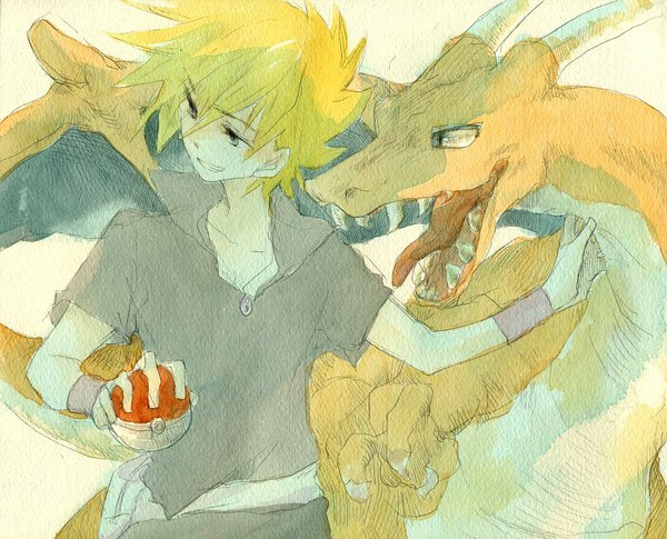 Anime picture 1021x826 with pokemon nintendo charizard green (pokemon) sugi (artist) short hair blonde hair smile looking away grey eyes traditional media gen 1 pokemon watercolor (medium) boy animal pendant dragon wristlet pokeball