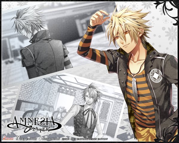 Anime picture 1280x1024 with amnesia original idea factory toma (amnesia) hanamura mai fringe short hair blonde hair smile yellow eyes open clothes open jacket official art boy feather (feathers)