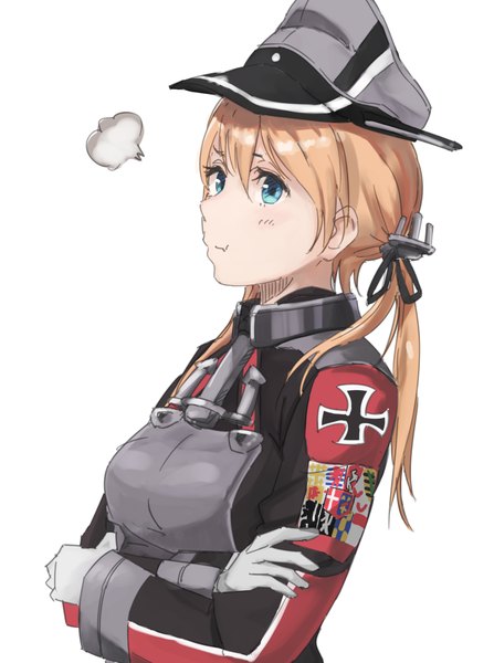 Anime picture 800x1074 with kantai collection prinz eugen (kantai collection) youmak single long hair tall image blue eyes simple background blonde hair hair between eyes white background twintails looking away upper body crossed arms :t girl gloves uniform white gloves