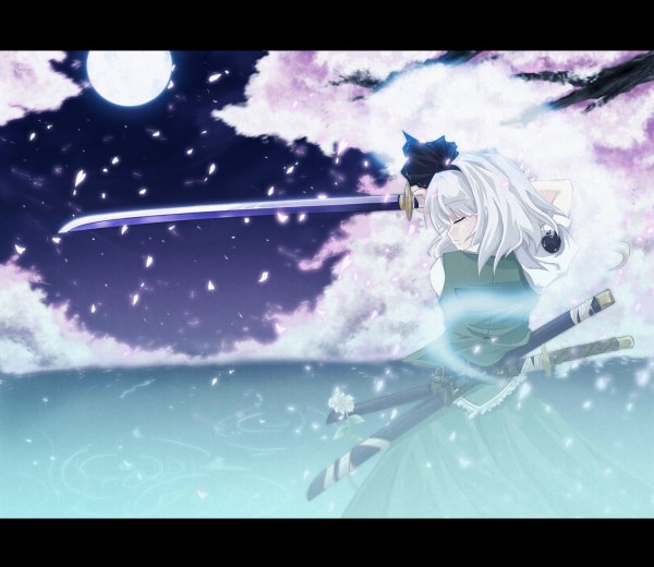 Anime picture 1200x1040 with touhou konpaku youmu myon auer single short hair silver hair eyes closed profile from behind cherry blossoms turning head letterboxed fighting stance ripples girl ribbon (ribbons) weapon hair ribbon petals