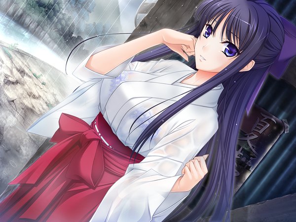 Anime picture 1024x768 with walkure romanze ryuuzouji akane single long hair looking at viewer blue eyes blue hair game cg traditional clothes japanese clothes rain half updo miko girl bow hair bow hakama