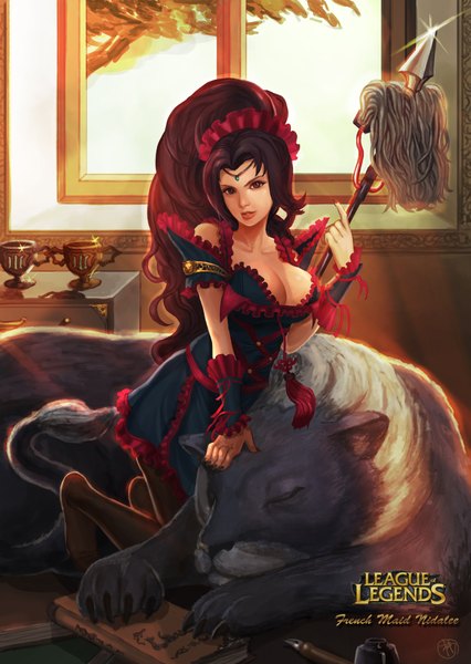 Anime picture 1500x2110 with league of legends nidalee (league of legends) supullim single long hair tall image looking at viewer breasts black hair brown eyes ponytail nail polish fingernails lips girl weapon animal clothes spear