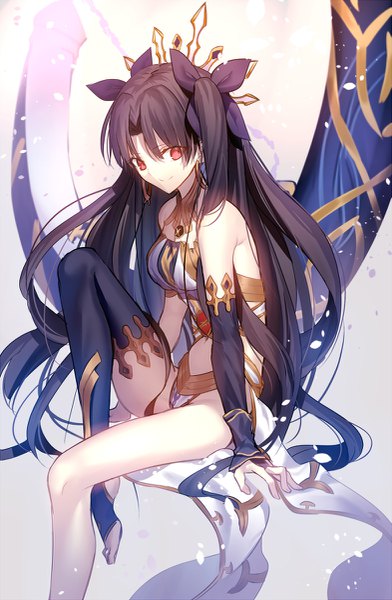 Anime picture 785x1200 with fate (series) fate/grand order ishtar (fate) mashima saki (mashimasa) single long hair tall image looking at viewer light erotic black hair smile red eyes sitting bare shoulders bent knee (knees) grey background arm support two side up girl hair ornament