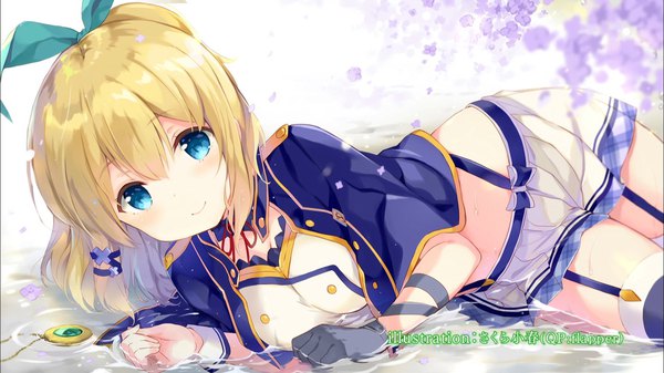 Anime picture 1920x1080 with rokudenashi majutsu kouji to akashic record lidenfilms rumia tingel sakura koharu single looking at viewer fringe highres short hair blue eyes blonde hair smile wide image signed ponytail lying pleated skirt zettai ryouiki girl skirt