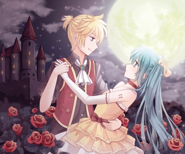 Anime picture 1200x1000 with vocaloid hatsune miku kagamine len qinecat long hair short hair blonde hair twintails green eyes profile aqua hair night couple dancing girl dress boy gloves flower (flowers) elbow gloves