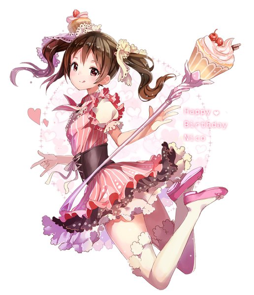 Anime picture 1192x1385 with love live! school idol project sunrise (studio) love live! yazawa nico 77gl single tall image looking at viewer short hair smile red eyes white background twintails brown eyes full body short sleeves zettai ryouiki puffy sleeves character names floating hair