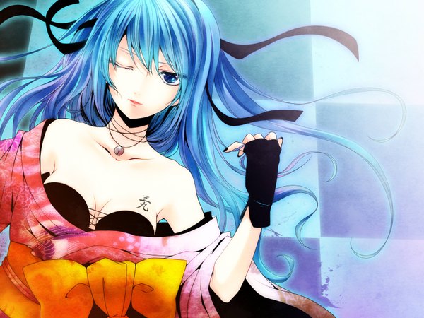 Anime picture 1600x1200 with vocaloid hatsune miku jyuru long hair blue eyes blue hair nail polish one eye closed wink girl gloves ribbon (ribbons) hair ribbon fingerless gloves locket