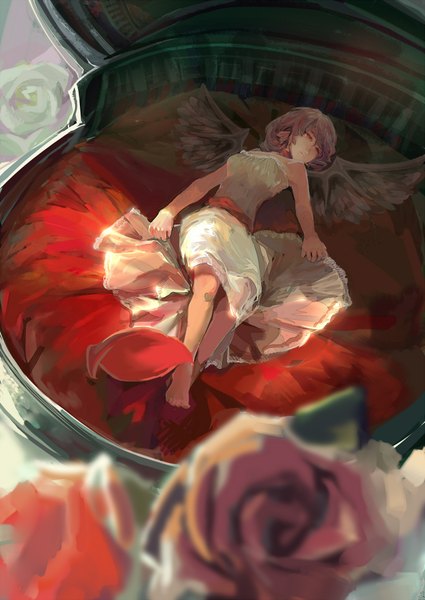 Anime picture 1416x2000 with touhou mystia lorelei antiquewhite single tall image short hair red eyes brown hair lying barefoot girl dress flower (flowers) petals wings rose (roses) casket