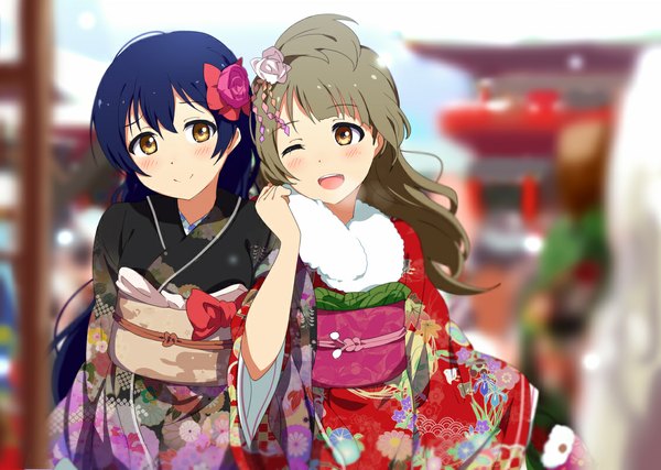 Anime picture 1124x800 with love live! school idol project sunrise (studio) love live! minami kotori sonoda umi ogipote long hair blush open mouth smile brown hair multiple girls brown eyes purple hair traditional clothes japanese clothes one eye closed hair flower wink fur trim