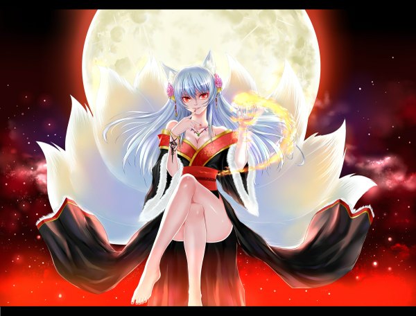 Anime picture 1200x913 with original windtalker long hair smile red eyes white hair nail polish japanese clothes barefoot hair flower legs fox ears fox tail red nail polish toenail polish girl hair ornament belt kimono moon