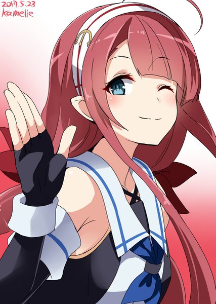 Anime picture 855x1200 with kantai collection kawakaze (kantai collection) kamelie single long hair tall image blush fringe smile twintails signed upper body ahoge red hair one eye closed aqua eyes wink gradient background low twintails dated