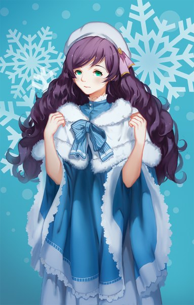 Anime picture 800x1251 with love live! school idol project sunrise (studio) love live! toujou nozomi minhoo single long hair tall image looking at viewer blue eyes purple hair girl dress beret snowflake (snowflakes)