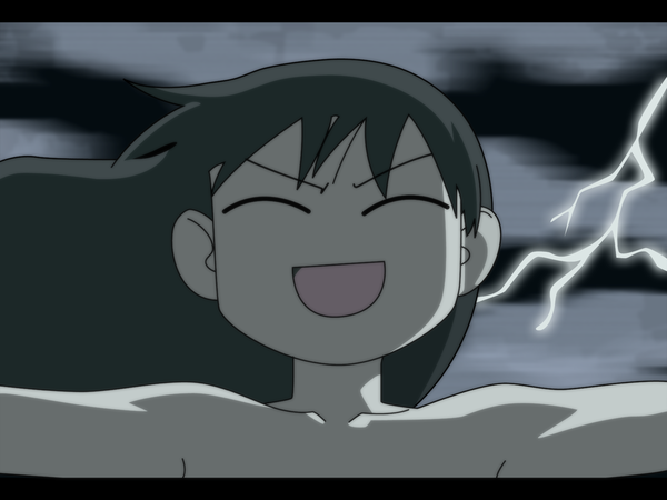 Anime picture 1600x1200 with azumanga daioh j.c. staff tanizaki yukari long hair open mouth sky cloud (clouds) outdoors eyes closed :d wind monochrome letterboxed topless vector lightning girl