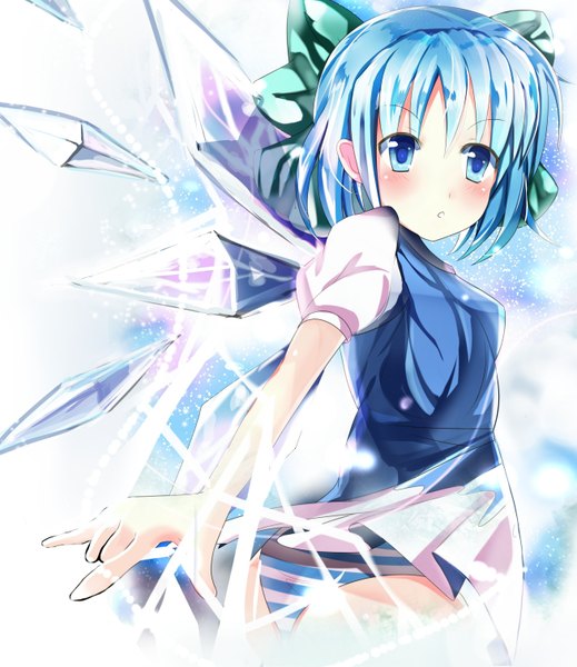 Anime picture 2616x3024 with touhou cirno ruriruno single tall image blush highres short hair blue eyes blue hair pantyshot girl dress bow hair bow wings ice