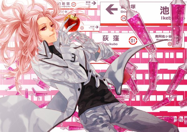 Anime picture 1226x868 with mawaru penguindrum watase sanetoshi single short hair pink hair pink eyes wallpaper boy gloves fruit apple