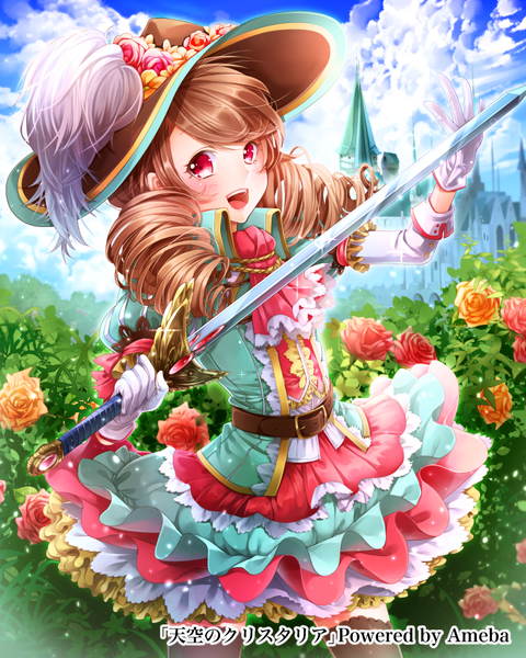 Anime picture 800x1000 with original yukinokoe single long hair tall image looking at viewer blush open mouth red eyes brown hair sky cloud (clouds) drill hair girl dress gloves flower (flowers) weapon hat sword
