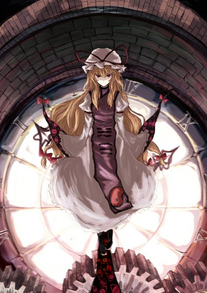 Anime picture 827x1169 with touhou yakumo yukari asagi shii single long hair tall image looking at viewer fringe blonde hair red eyes traditional clothes japanese clothes eyes girl hair ornament bow hair bow detached sleeves bonnet clock