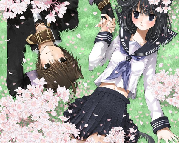 Anime picture 1024x819 with akatsuki no kemono kanzaki miku kanzaki hayato kuroinu blush short hair black hair brown hair lying black eyes cherry blossoms holding hands girl boy flower (flowers) petals serafuku