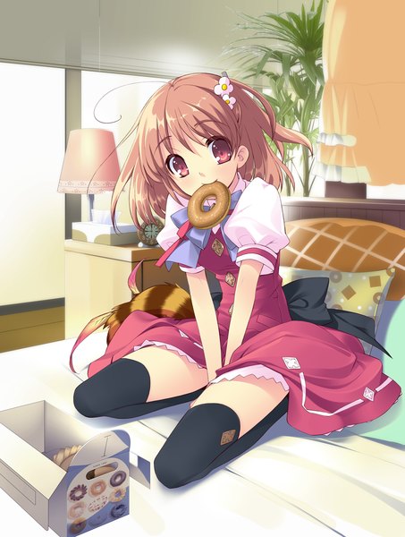 Anime picture 1000x1323 with flyable heart inaba yui itou noiji single tall image short hair red eyes brown hair mouth hold girl thighhighs uniform hair ornament black thighhighs school uniform food bed doughnut