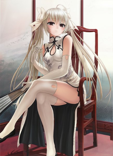 Anime picture 800x1100 with yosuga no sora kasugano sora ??? (artist) single long hair tall image looking at viewer blush light erotic sitting twintails brown eyes silver hair crossed legs chinese clothes girl thighhighs gloves bow hair bow